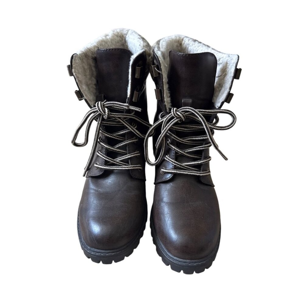 Just Fab Women's Size 7 Brown Ankle Combat Boots Fur Hiker Lace‎ Up Baddie